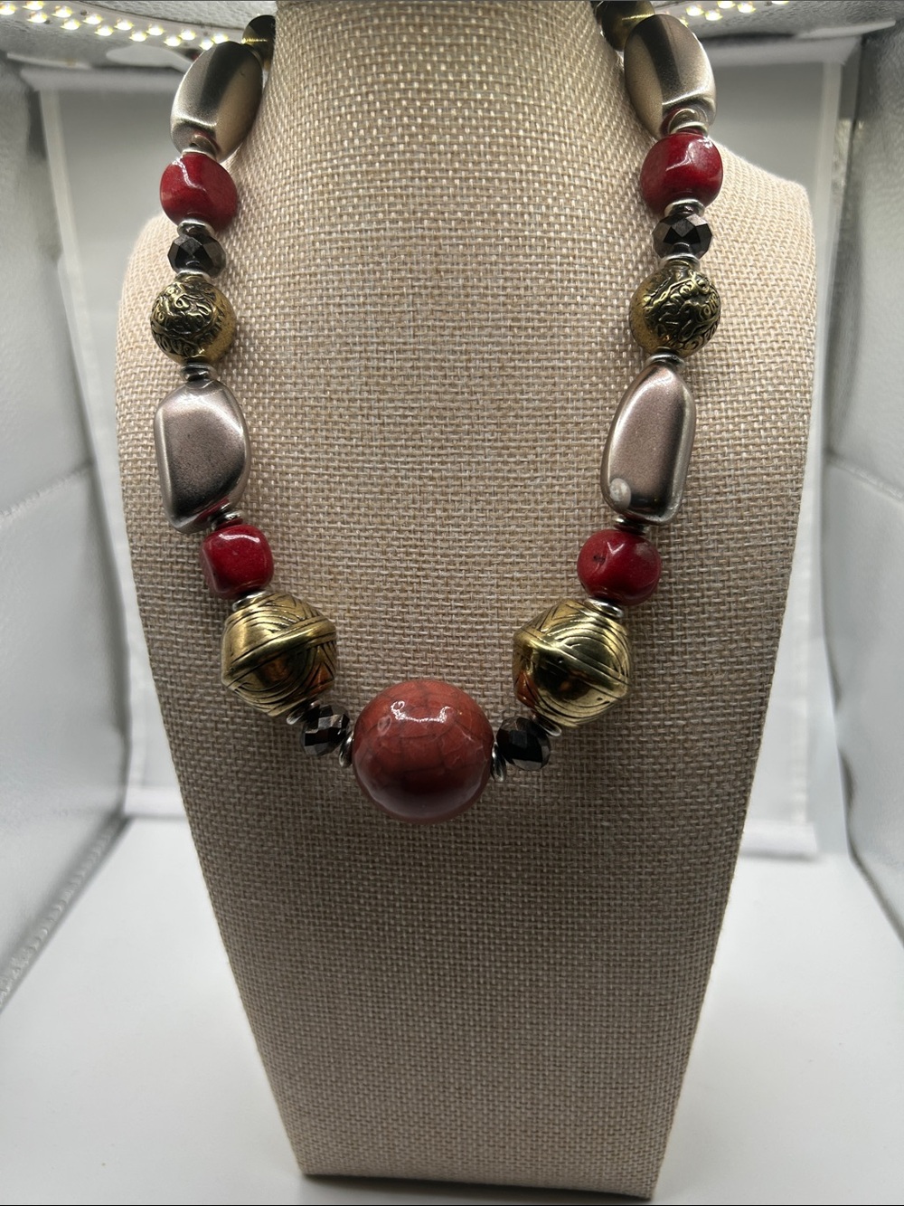 Sara Coventry vintage necklace mixed media gold red silver boho chunky artisan
